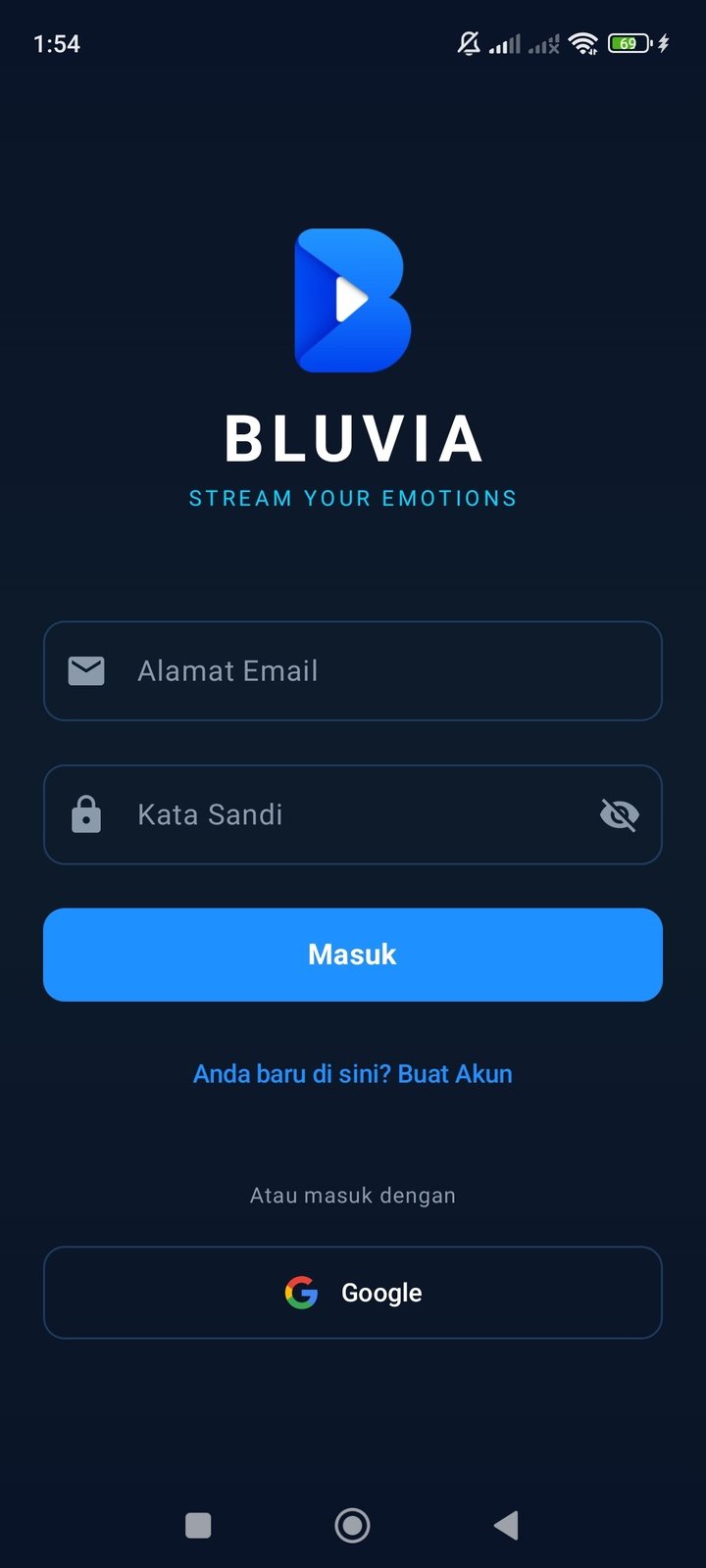 Layar login aplikasi Android Bluvia — masuk dengan email atau Google