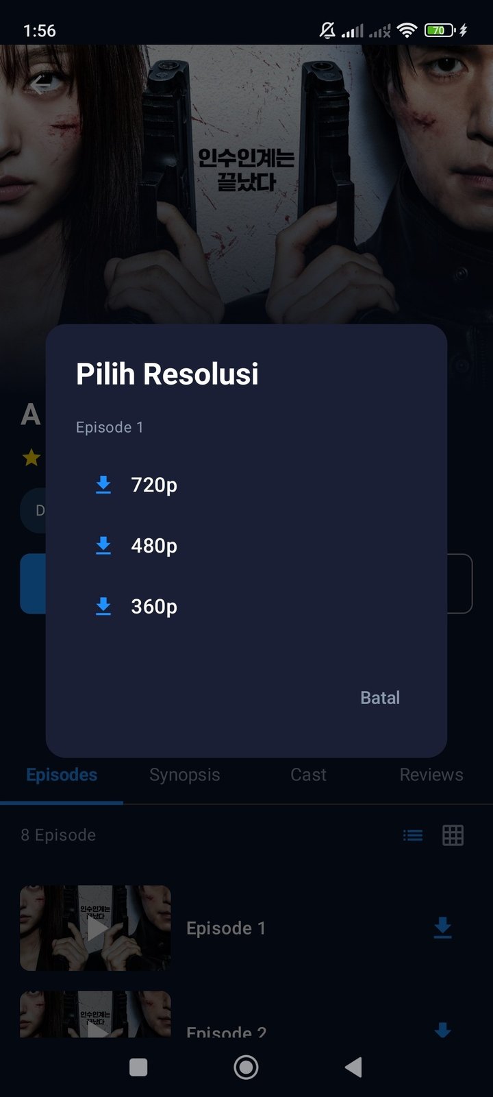 Dialog pilih resolusi unduhan 720p 480p 360p
