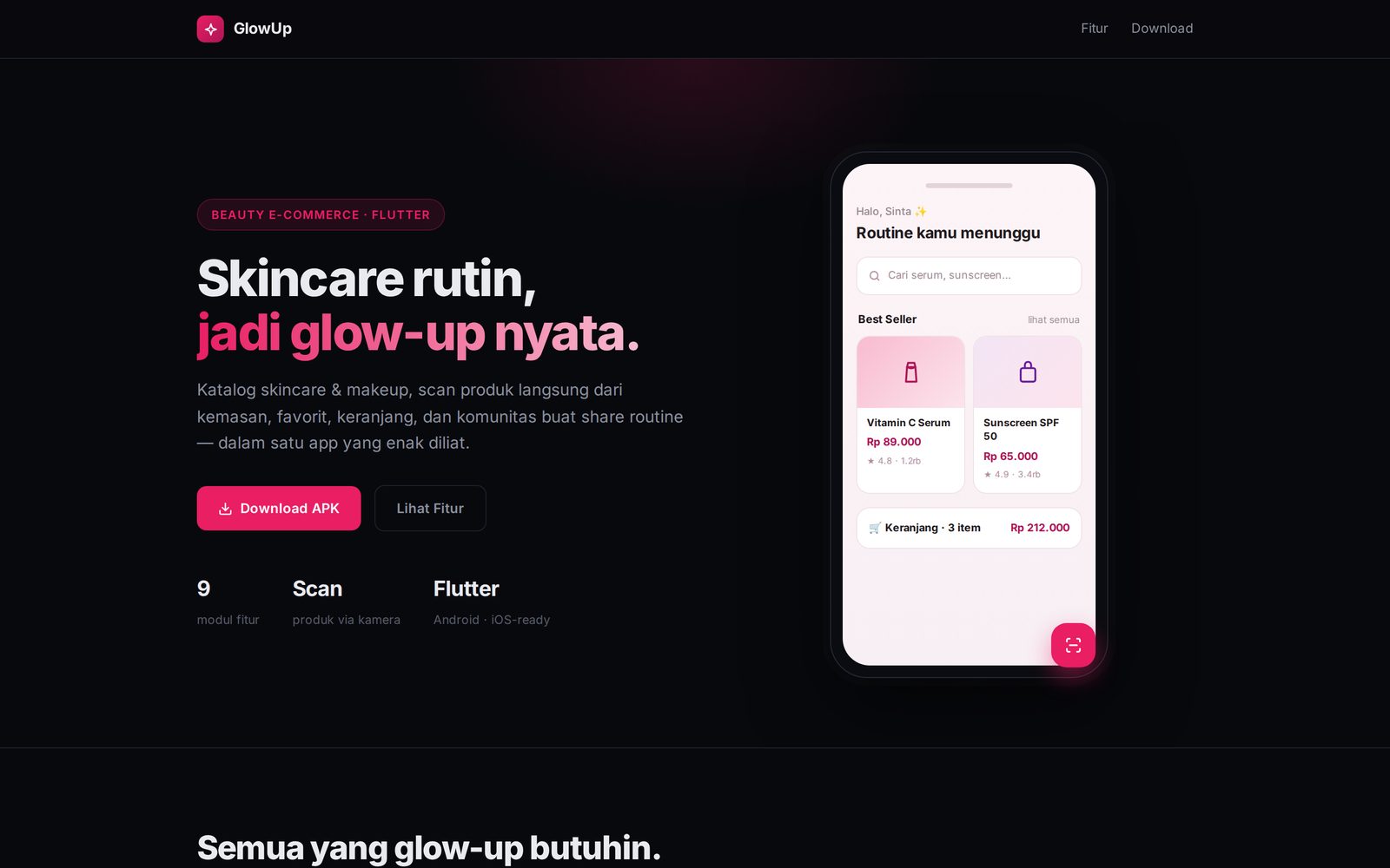 GlowUp — beauty e-commerce Flutter, live landing page