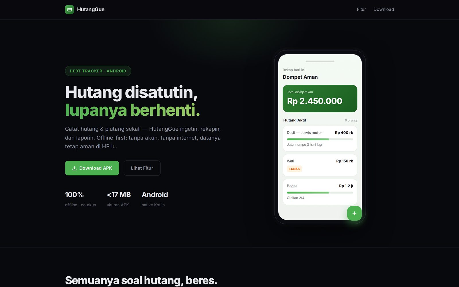 HutangGue — debt tracker Android, live landing page