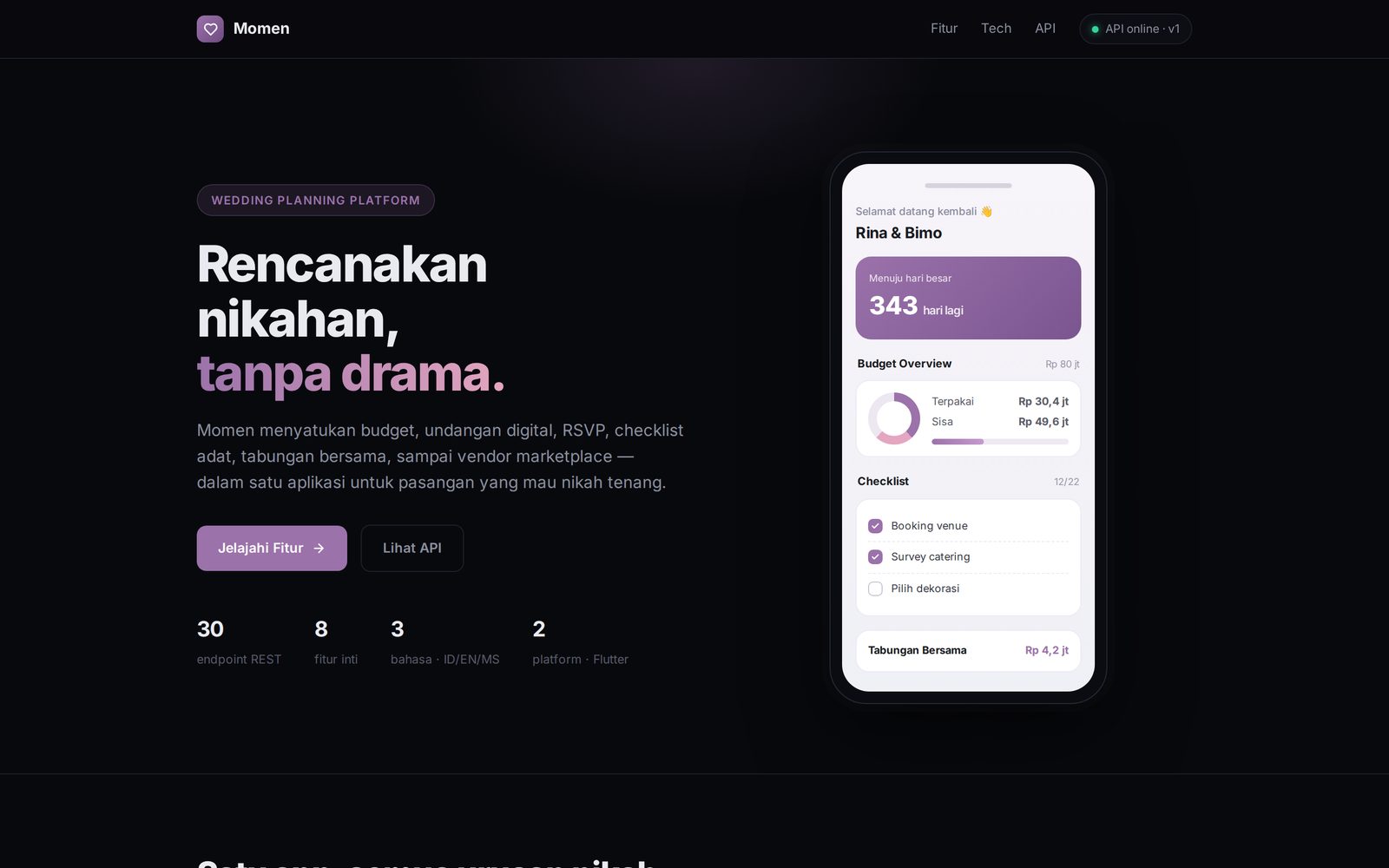 Momen — wedding planning platform, live landing page