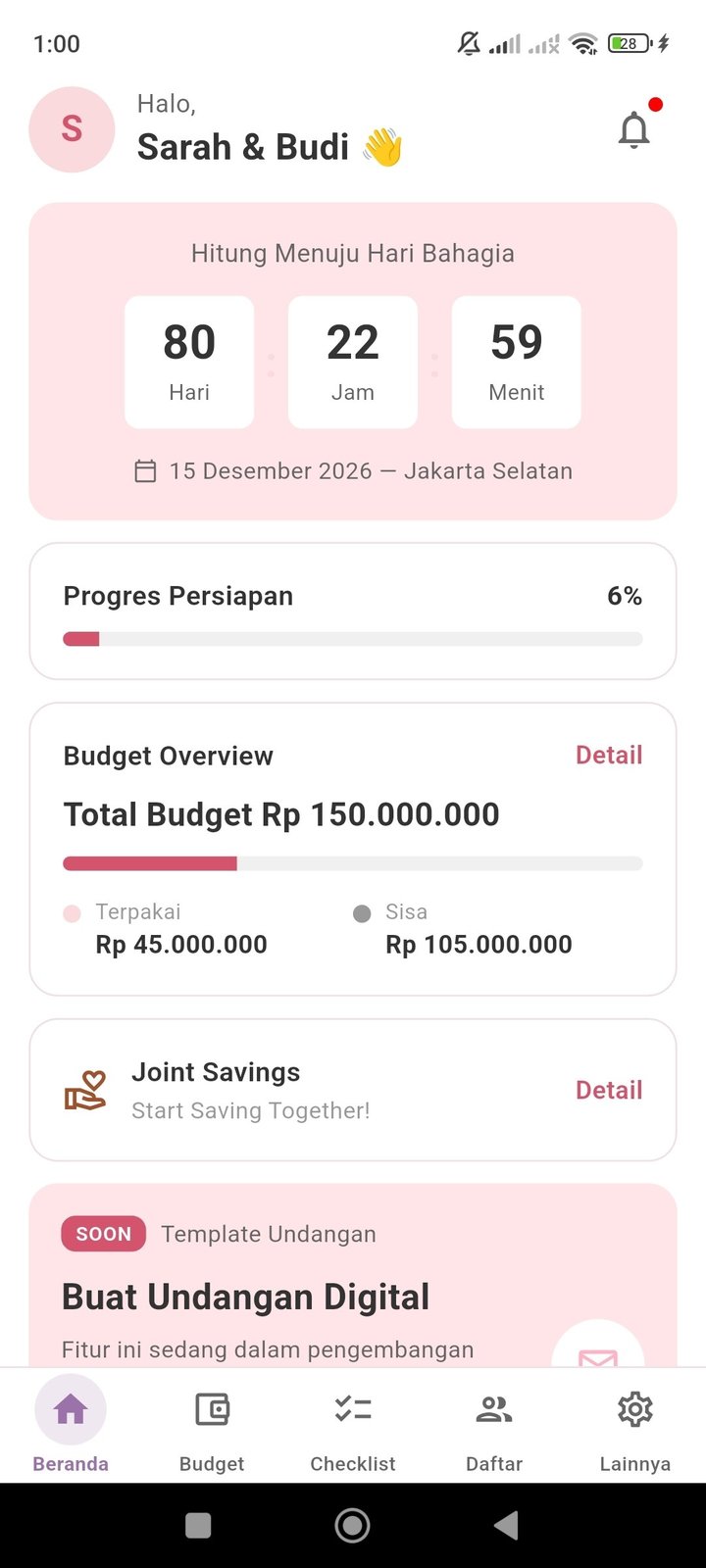Layar Beranda Momen — countdown hari bahagia, progres persiapan, budget overview, dan tabungan bersama