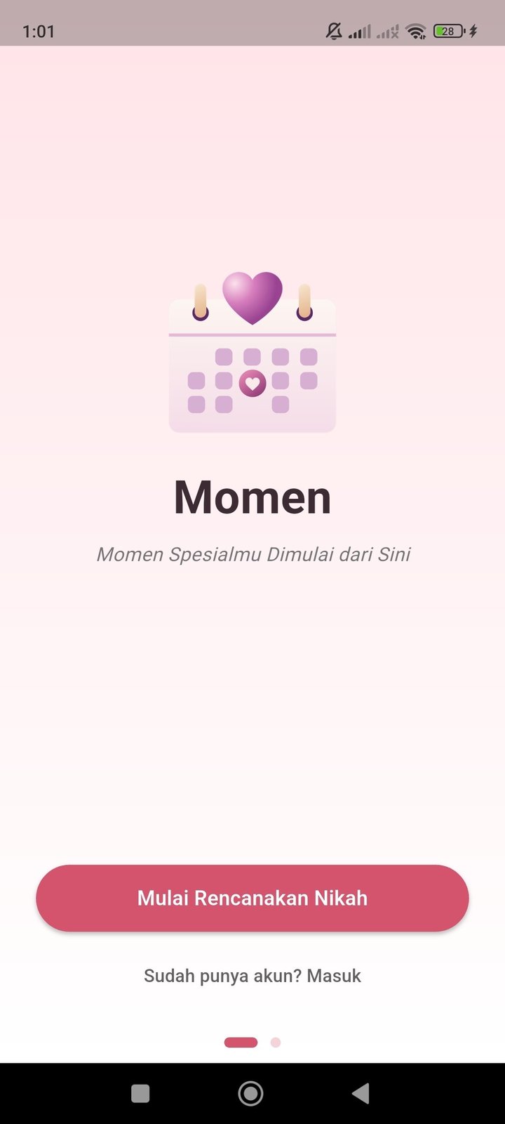 Layar Onboarding Momen — sambutan dan pengaturan awal perencanaan pernikahan