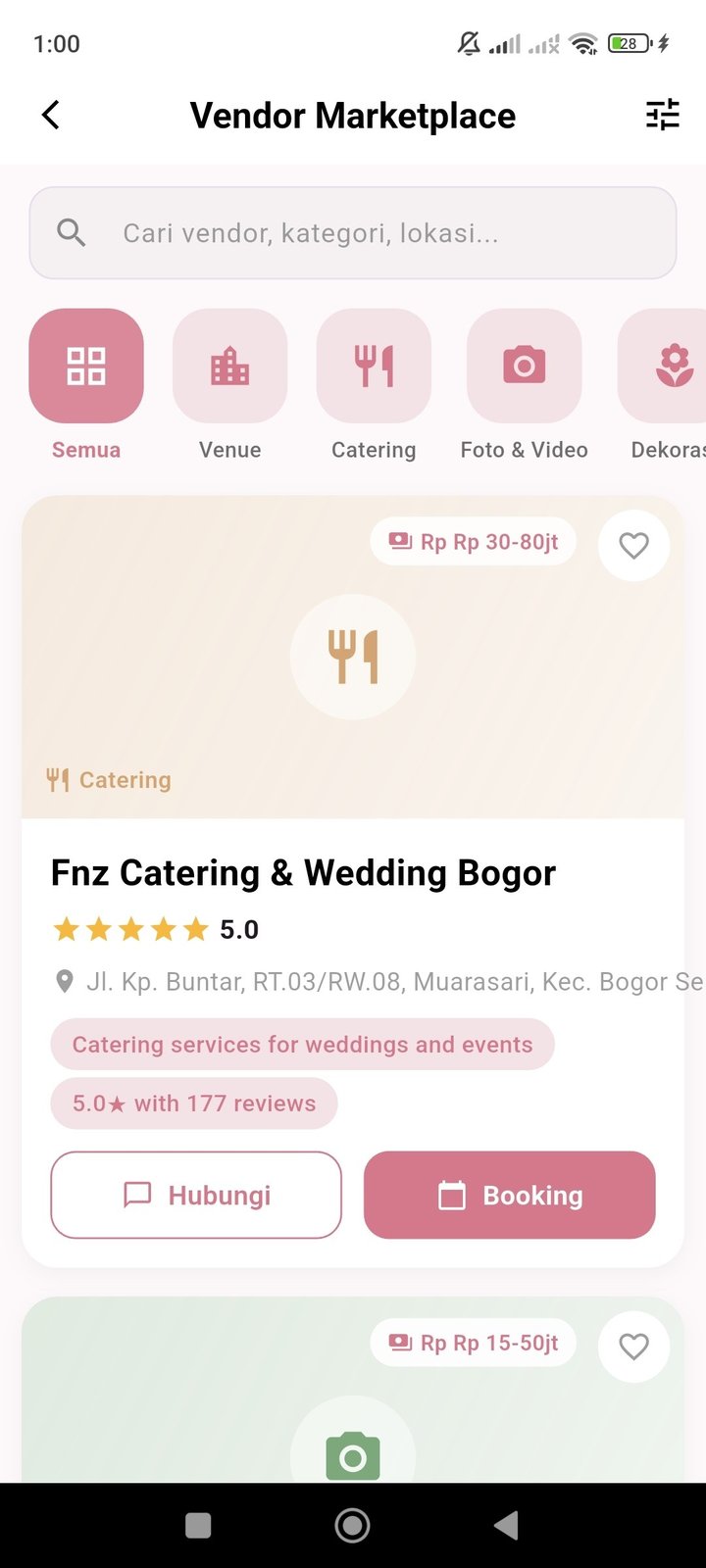 Layar Vendor Marketplace Momen — pencarian vendor, ikon kategori, dan daftar vendor