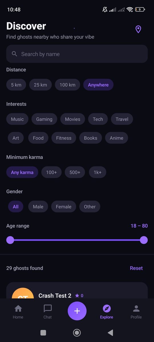 Layar discover untuk menemukan pengguna terdekat