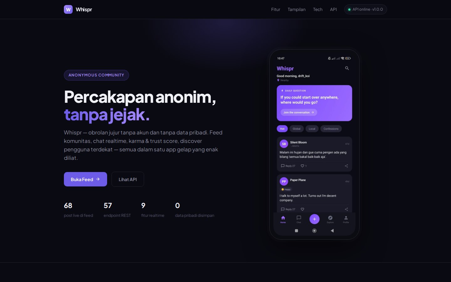 Whispr — anonymous chat, live landing page