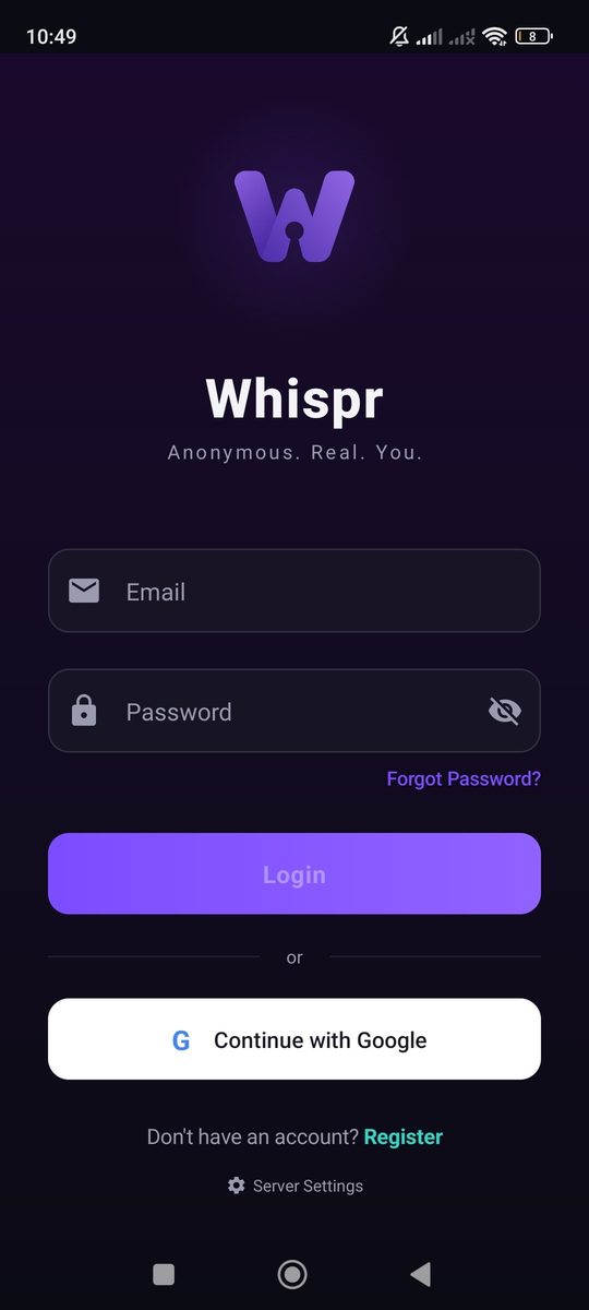 Layar login aplikasi Whispr