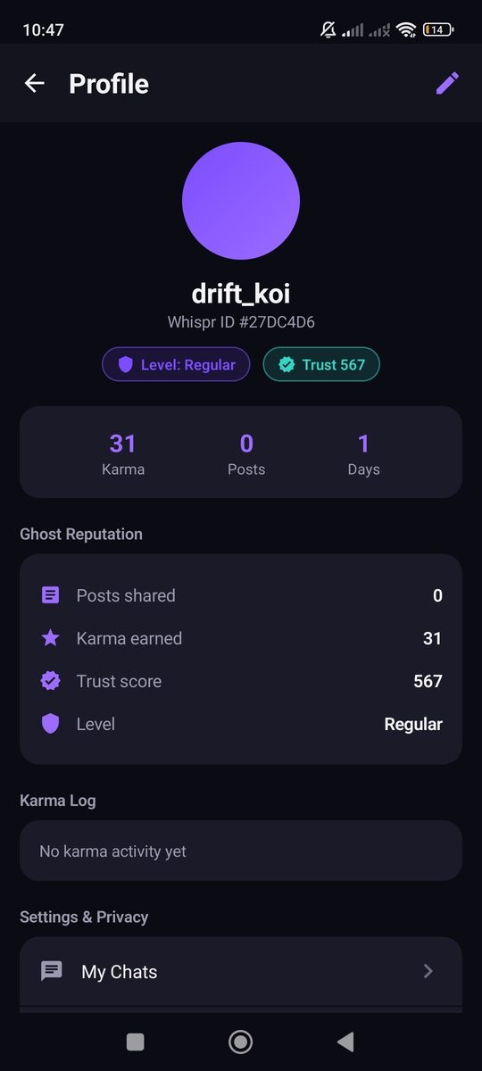 Layar profil dengan karma dan trust score